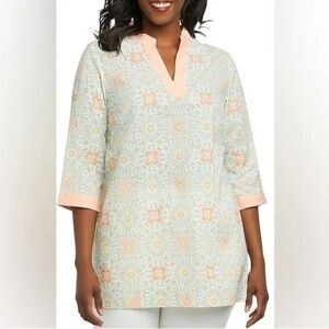 Foxcroft 100% Cotton Pastel Medallion Print Linen Trim Tunic Boho Wrinkle Free